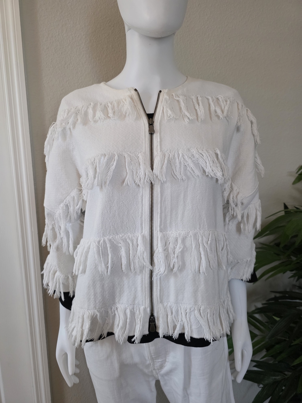 WORTH New York brand Luxury Front Dual-Zip Textured White Fringe Jacket - Sz P